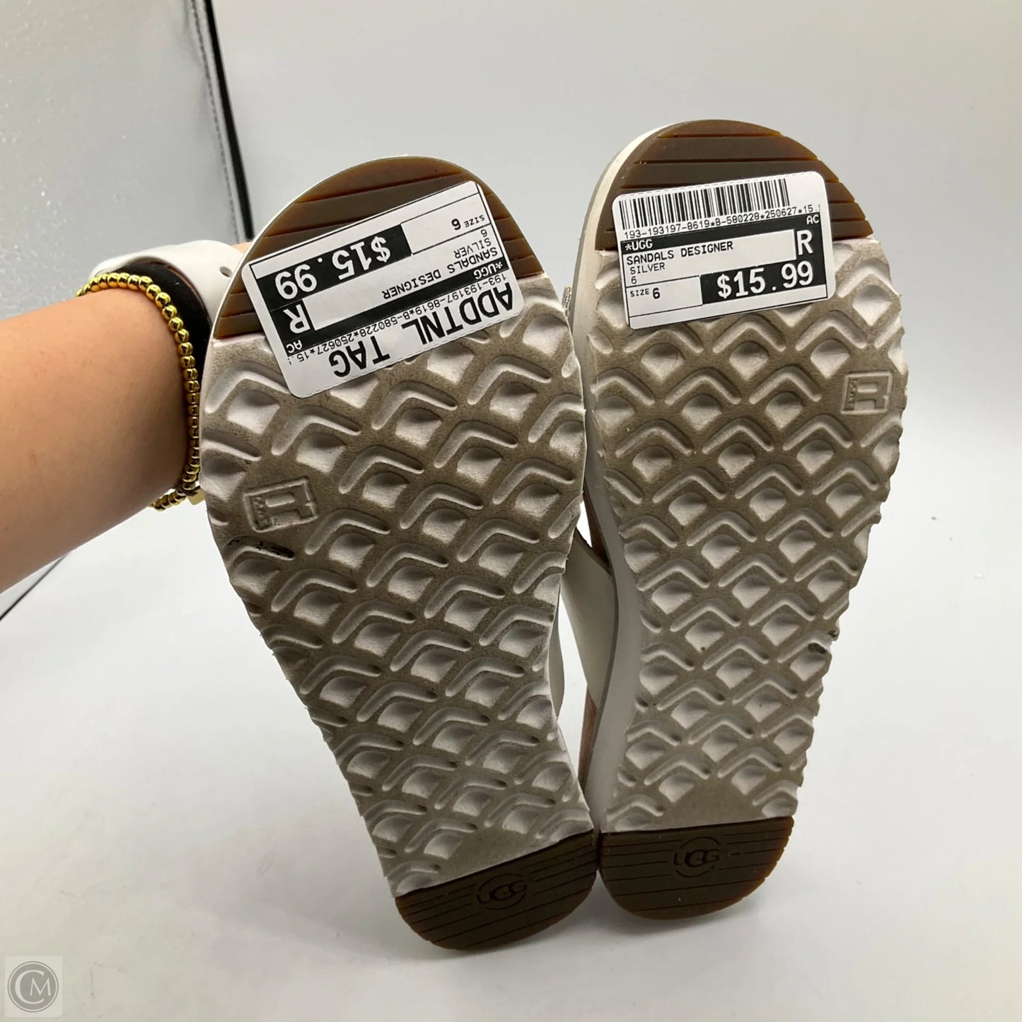Sandals Designer By Ugg In Silver, Size: 6