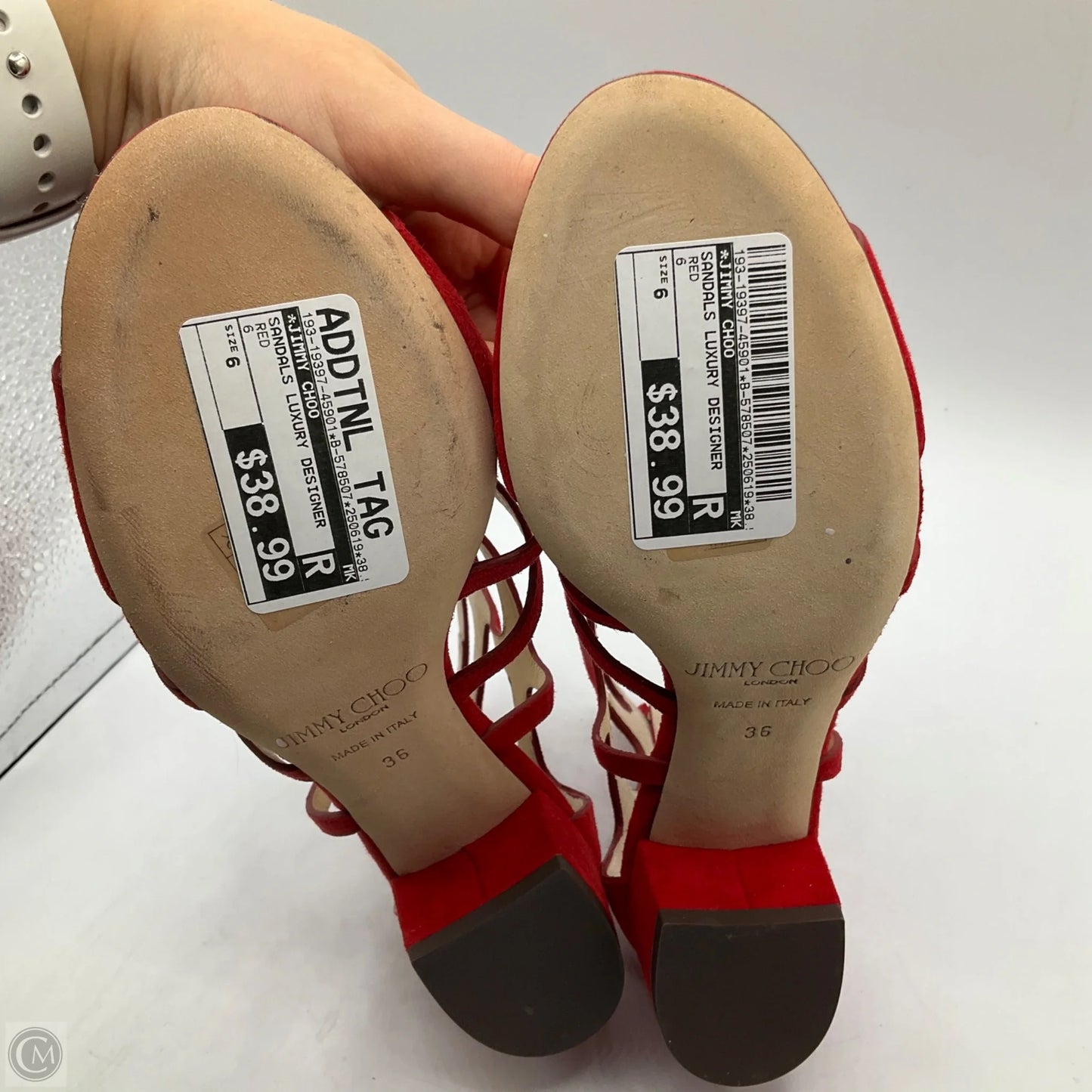 Sandals Luxury Designer By Jimmy Choo In Red, Size: 6